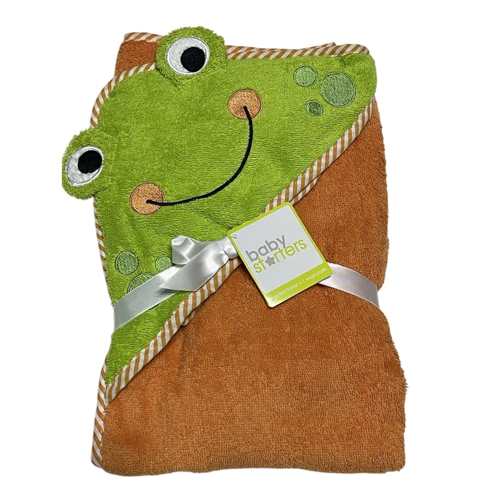 Baby Starters Bath Towel Frog Orange Green Cotton Cloth Stripe Trim 2015 HTF