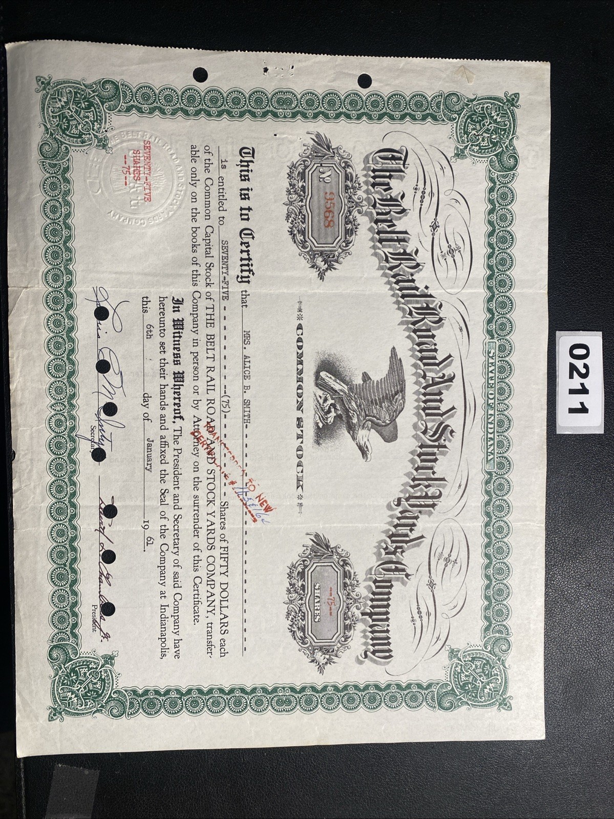 THE BELT RAILROAD AND STICK YARDS COMPANY Stock Certificate 1961 0211