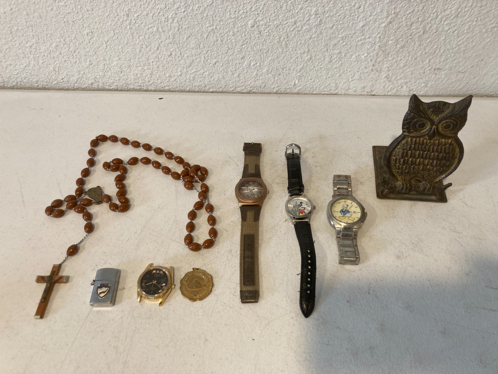 Lot of 3 Vintage Disney Watches Mickey & Donald + Brass Owl Figurine