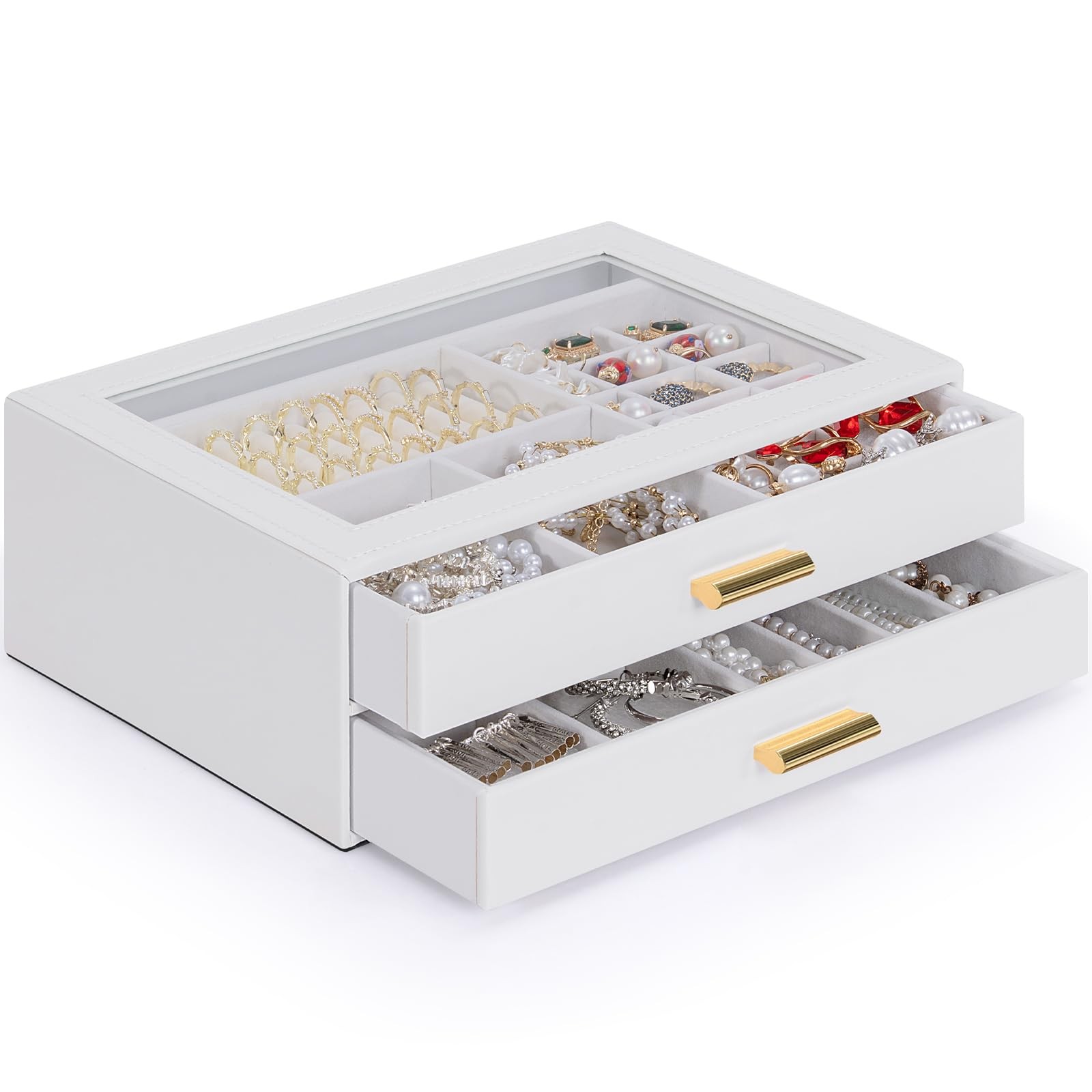 Jewelry Box with Clear Lid Functional Leather Jewelry Storage Organizer Case ...