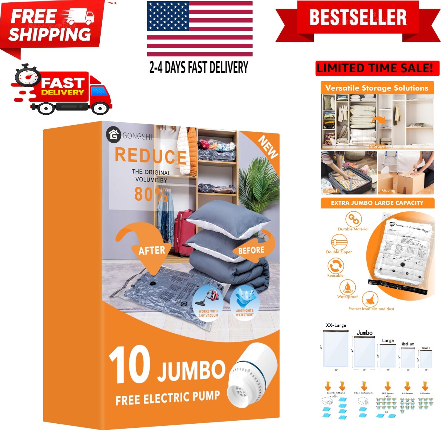 10 Jumbo Vacuum Storage Bags with Electric Pump, Space Saver Bag for Clothes,...