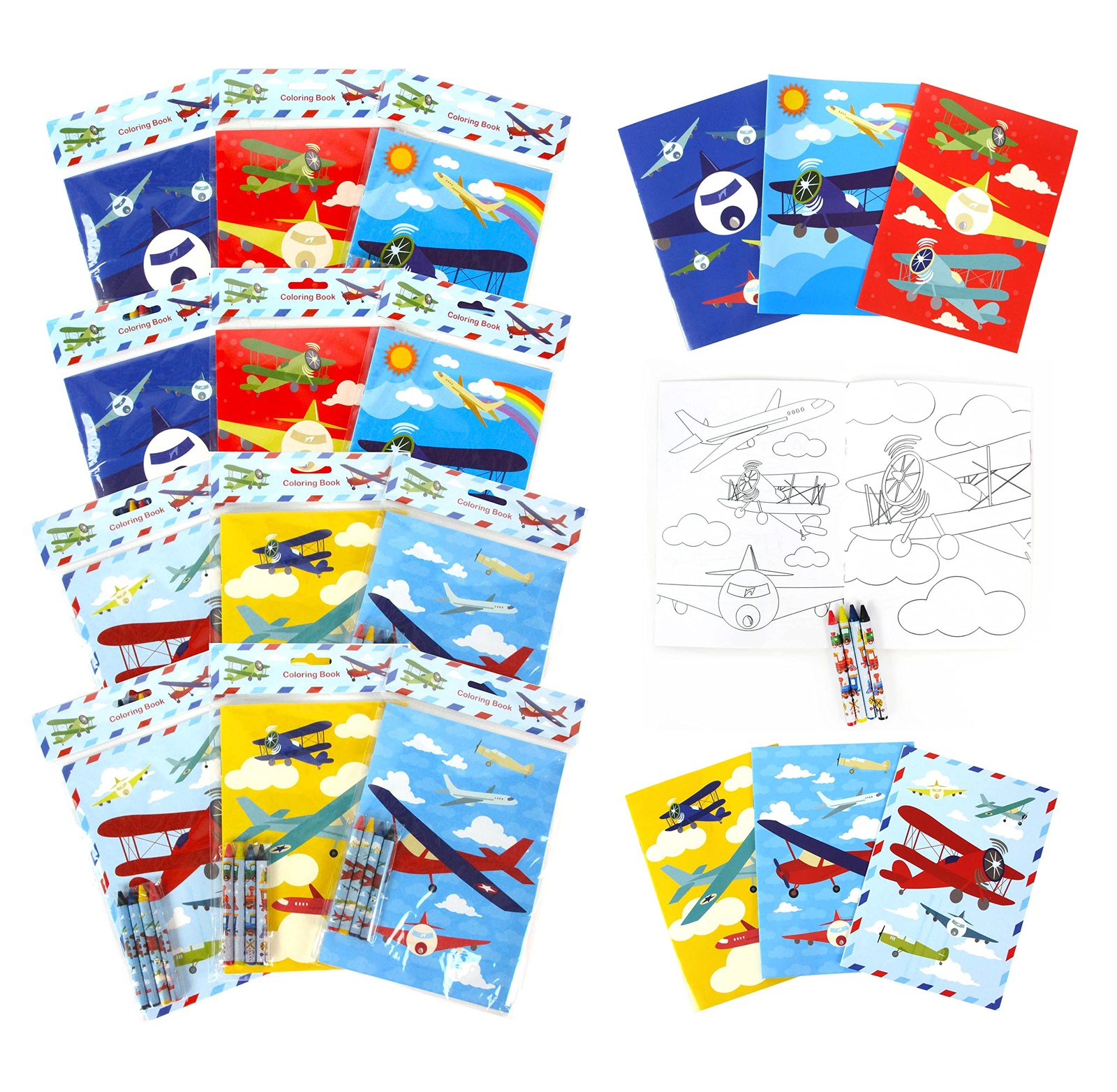 TINYMILLS Airplane Coloring Book Set with Crayons – 12 Pack Travel & blue 