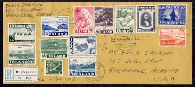 ICELAND 1962 MULTI FRANKED REG TO USA