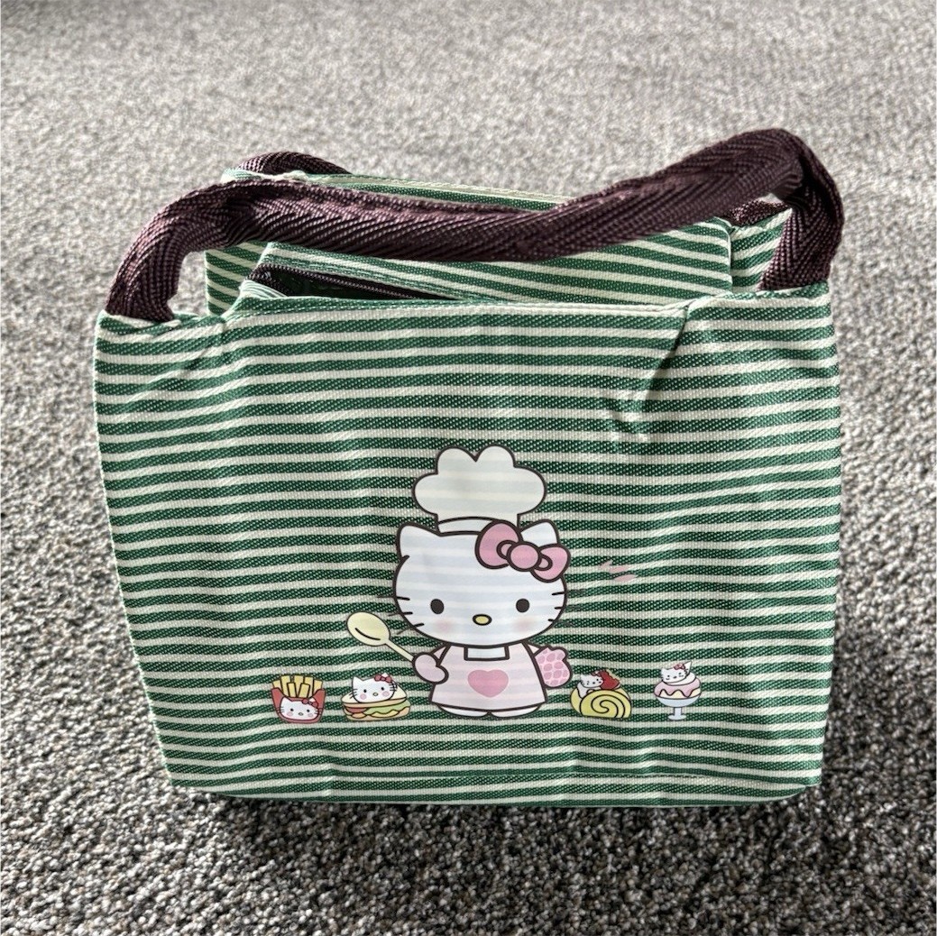 Hello Kitty Green Striped Chef Character Tote Bag with Zipper Closure