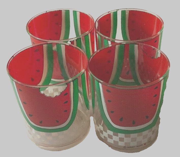 Susan Marie Vintage 1985 Plastic Watermelon Drinkware Checker Water Set of 4