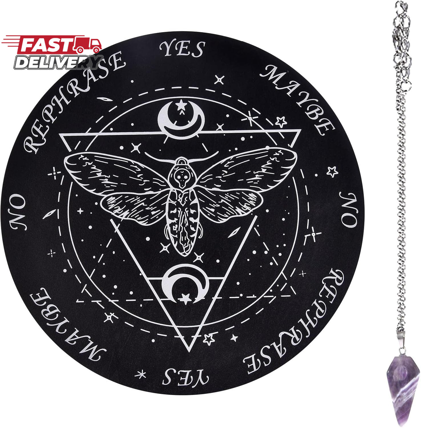 Wooden Pendulum Board, round Wooden Divination Board with Purple Crystal, Dowsin