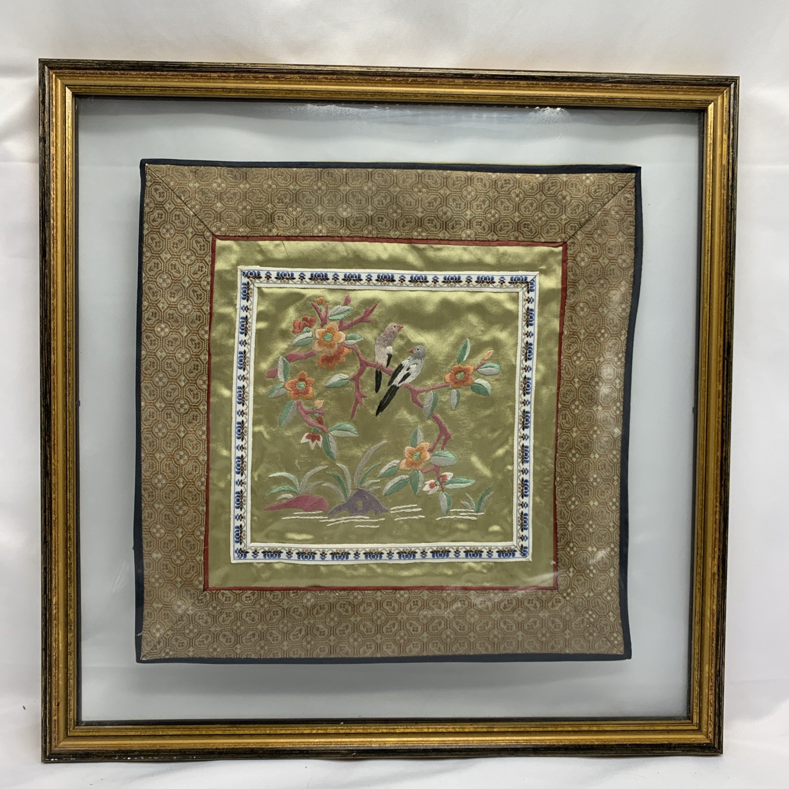 Chinese Asian Embroidery Panel Picture Flowers Birds 14.5" Square Frame Silk VTG