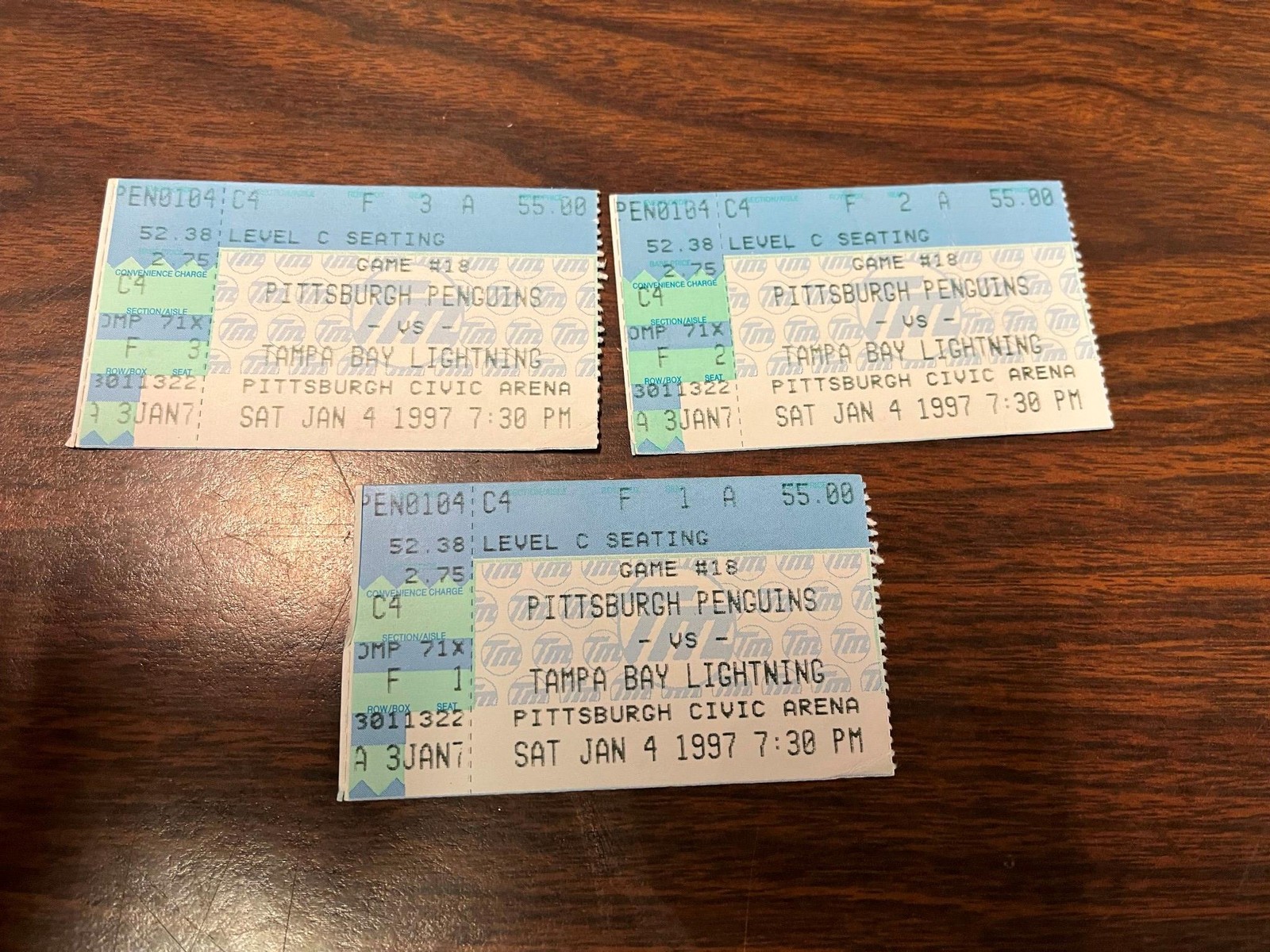 Vtg Jan 4 1997 Pittsburgh Penguins Vs. Tampa Lighting Lot of 3 Hockey Tickets
