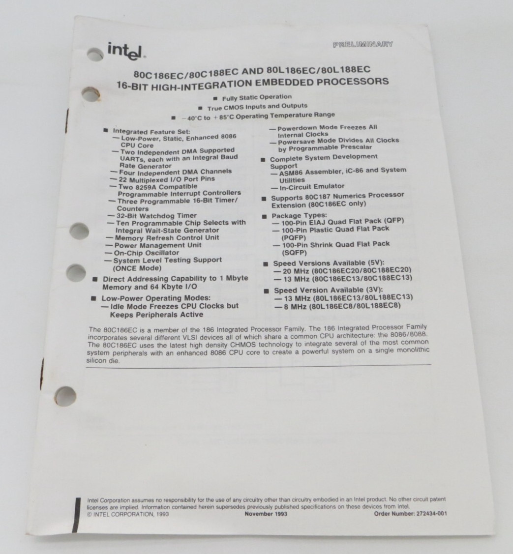 1993 intel Preliminary Book 16-BIT HIGH-INTEGRATION EMBEDDED PROCESSORS 80C186EC