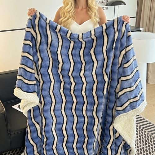 Full Size Fleece Blanket for Bed - Soft Cozy Fuzzy Full(60"x80") Blue W Stripes