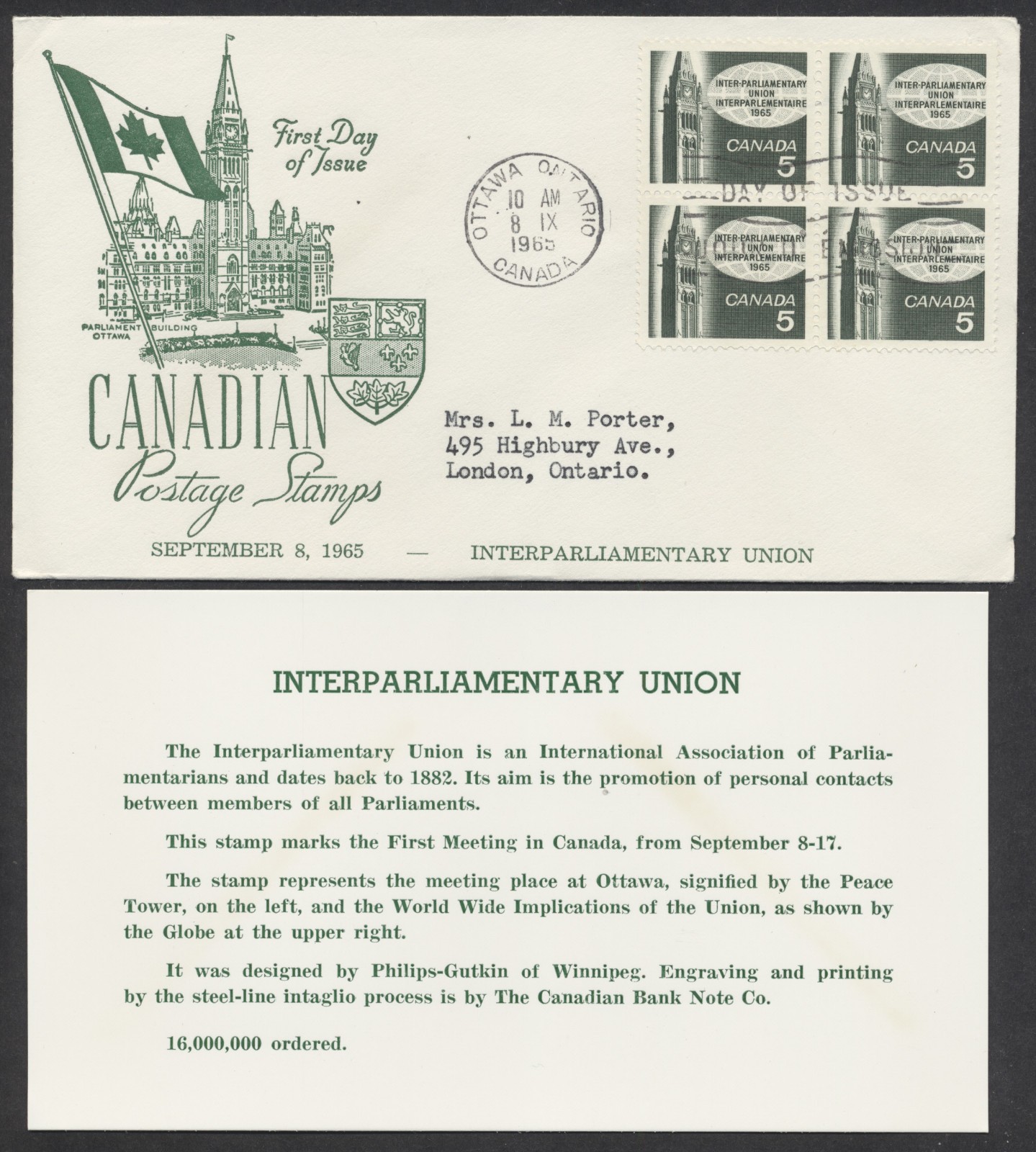 1965 #441 Inter-Parliamentary Union FDC Block Middlesex SC Cachet Insert