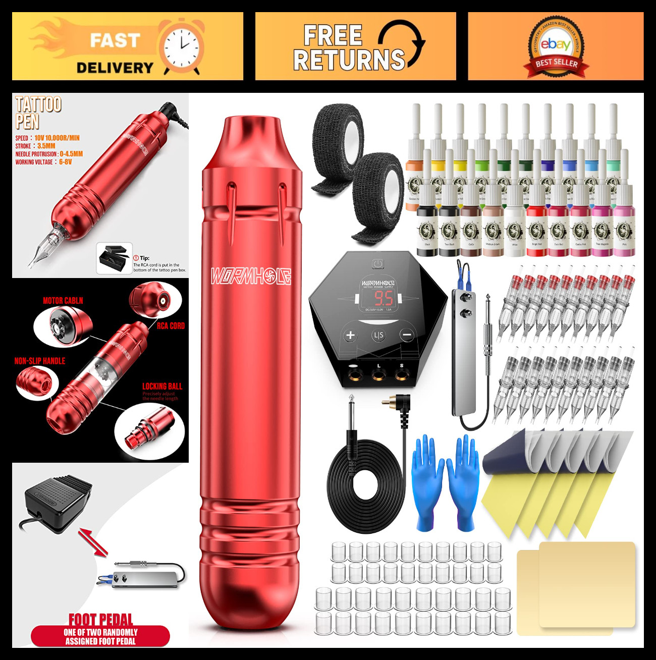 Tattoo Kit for Beginners - Tattoo Gun, Machine, 20 Color Inks, Power Supply, Pen