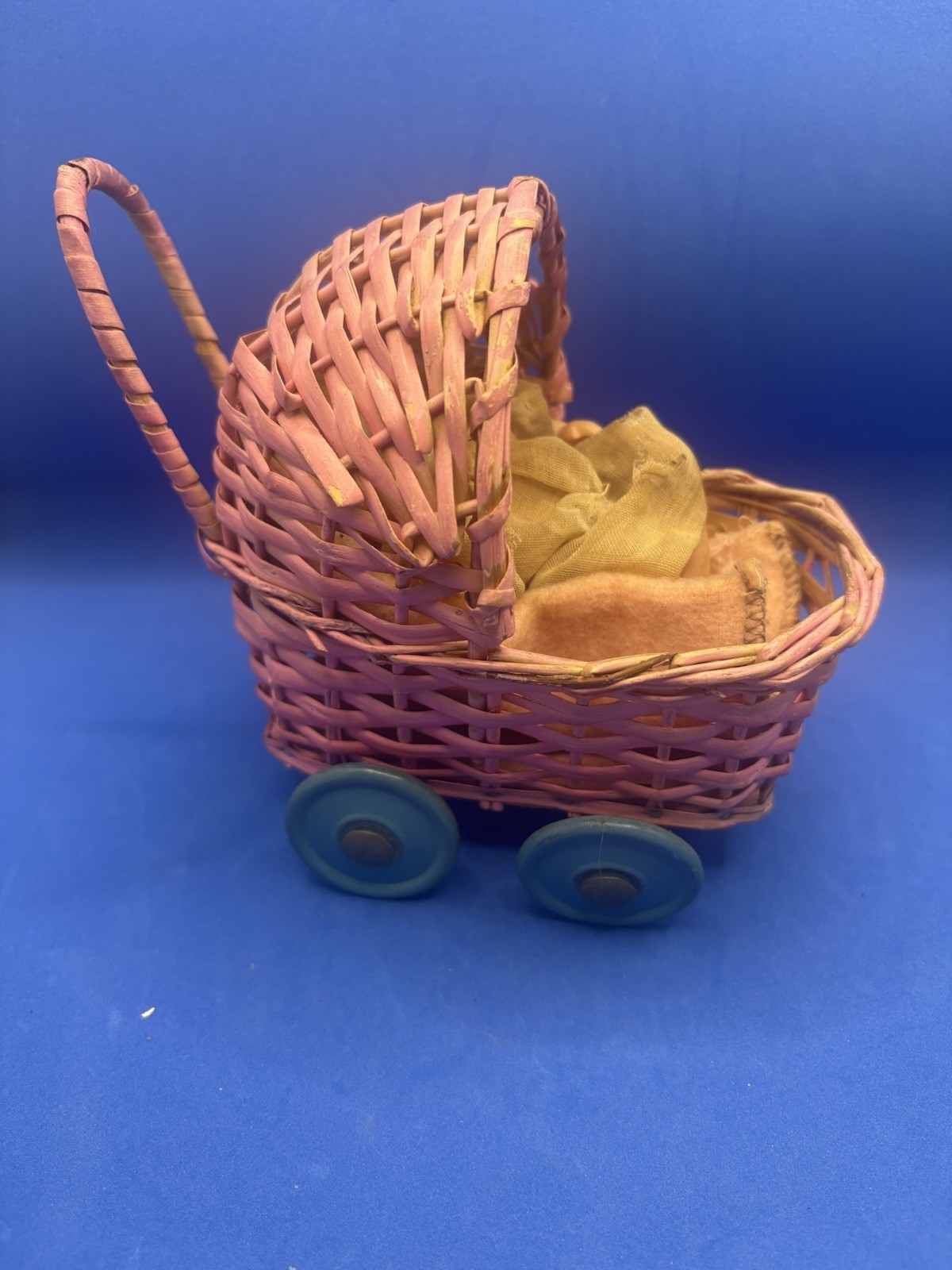 Pink Wicker Miniature Baby Carriage Dollhouse Stroller Pram W Antique Doll