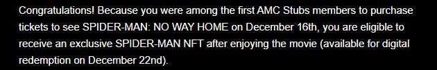 Spider-Man AMC Theater No Way Home Movie Non-Fungible Token