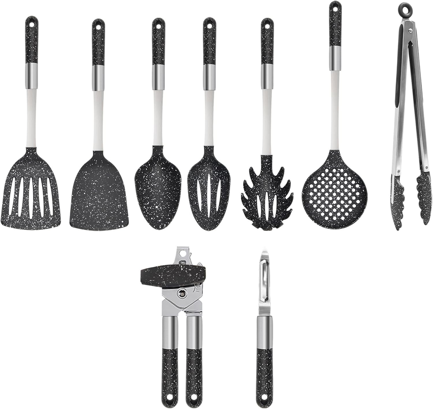 9 Pcs Elegant Black Cooking Utensils Set with White Speckles - Non-Toxic, Dishwa