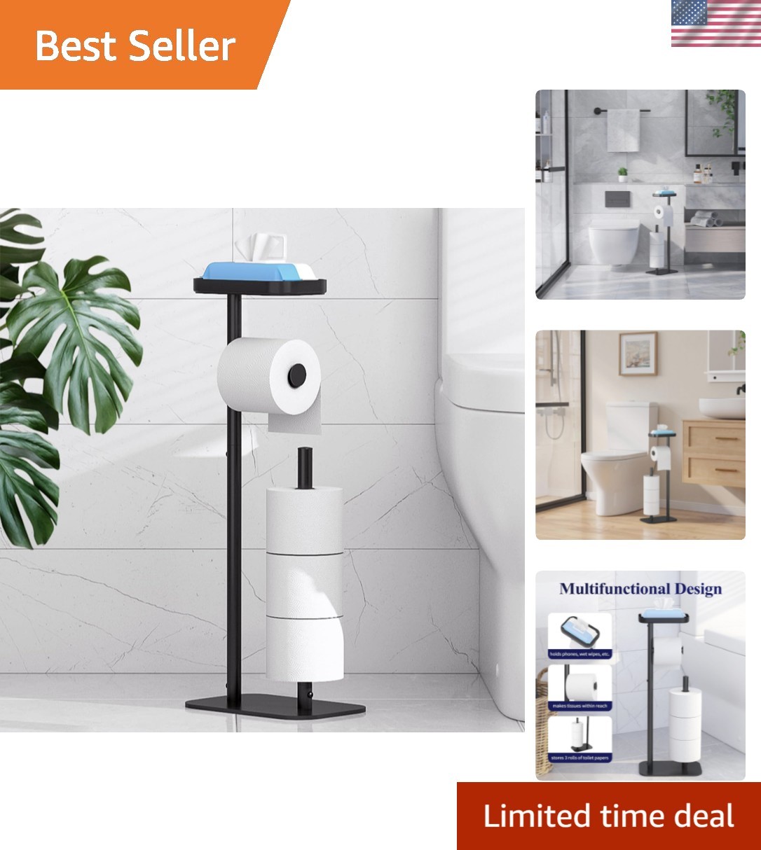 Toilet Paper Holder Free Standing – Rustproof Metal Toilet Paper Stand for 4 ...