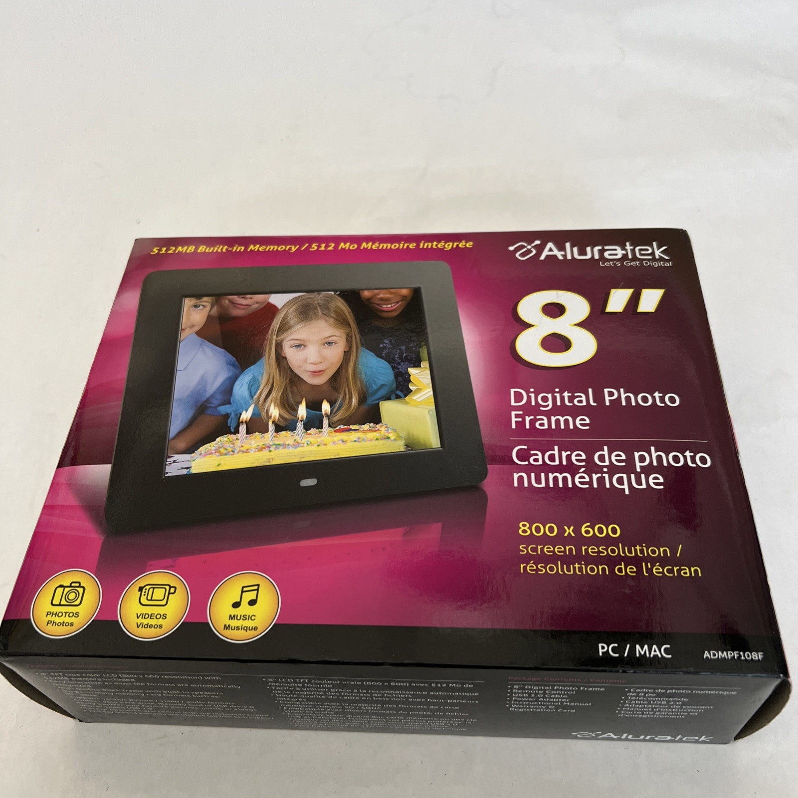NEW Aluratek 8” Digital Photo Frame 512 MB Memory Photos Videos Music ADMPF108F