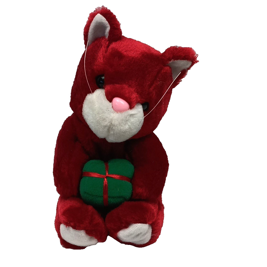 Red Plush Cat Holding Gift Sitting Stuffed Lux Fur Vintage Holding Gift