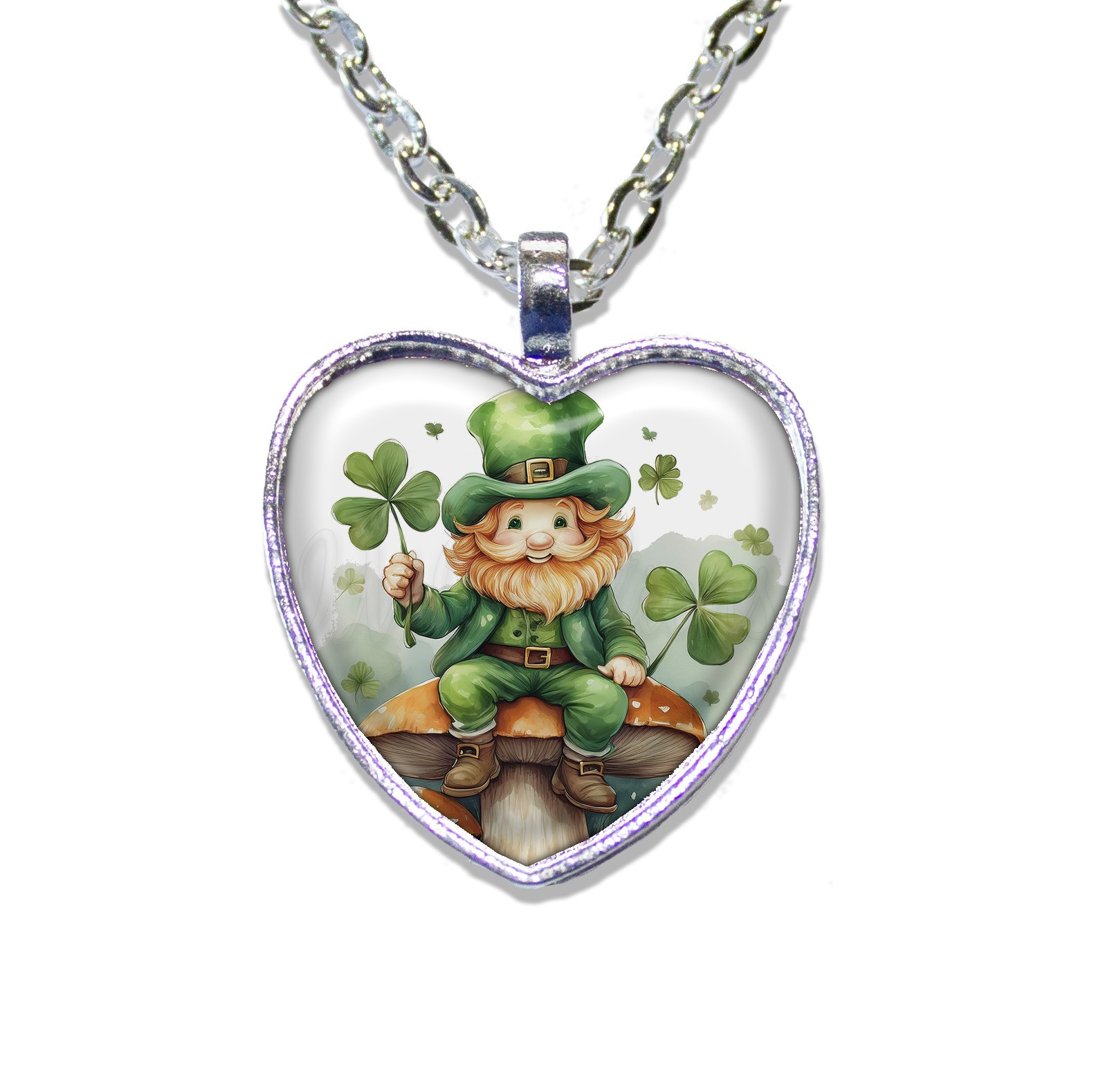St. Patrick's Day Leprechaun on Mushroom - HEART-shaped glass pendant necklace