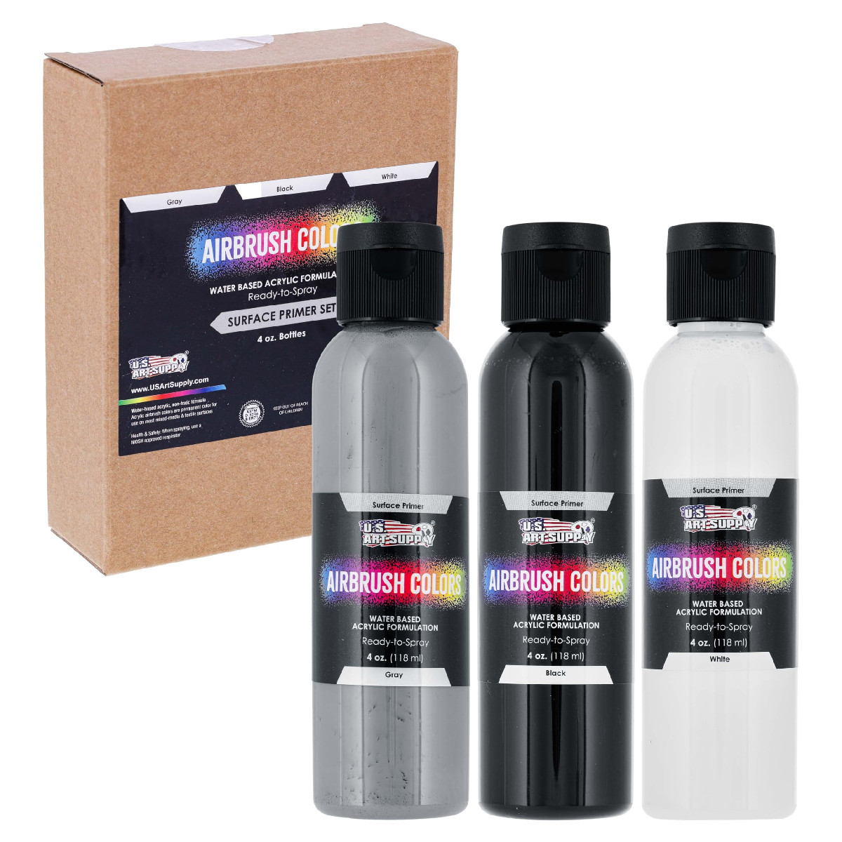 U.S Art Supply Airbrush Primer Paint 3 Color Set (Black, White, Gray) 4 oz Ea