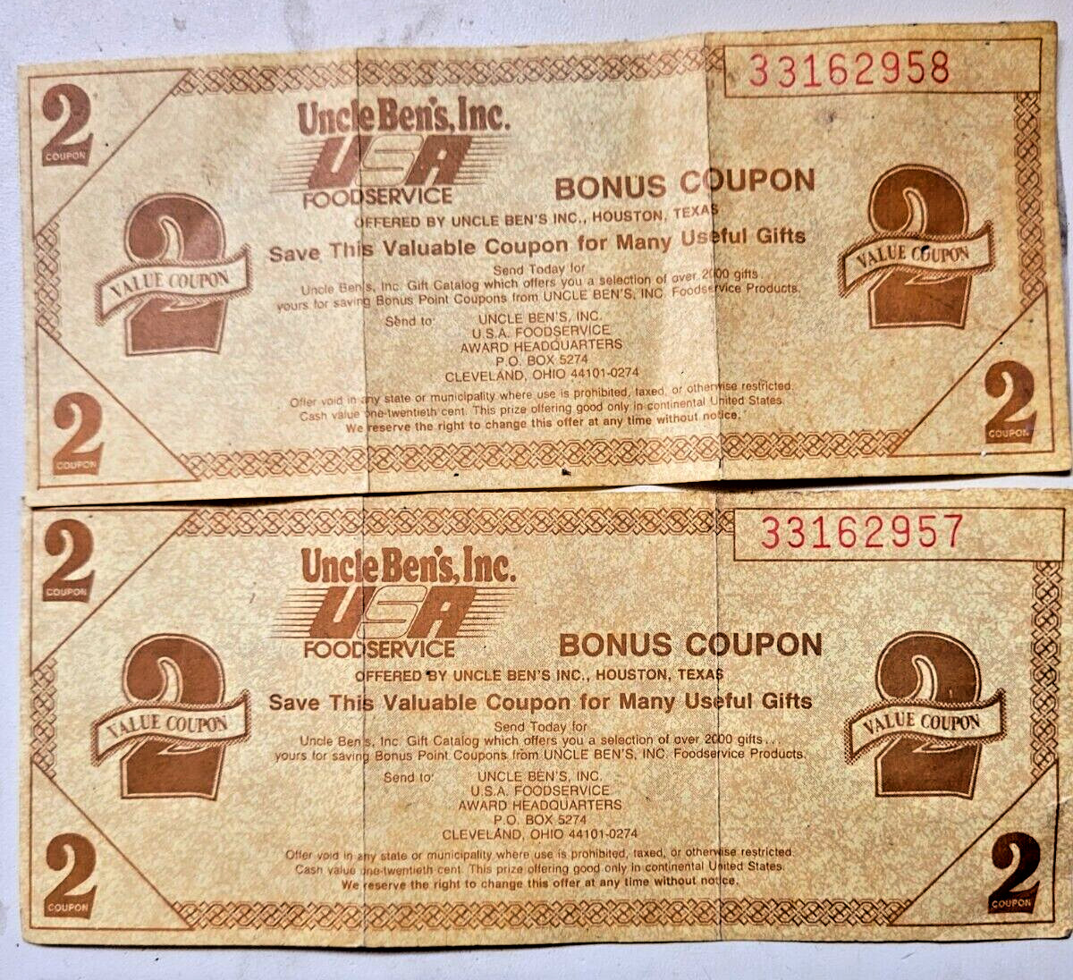 Lot of  2 Vintage 1980's Uncle Ben's Inc-USA Foodservice 2 Value Bonus Coupons