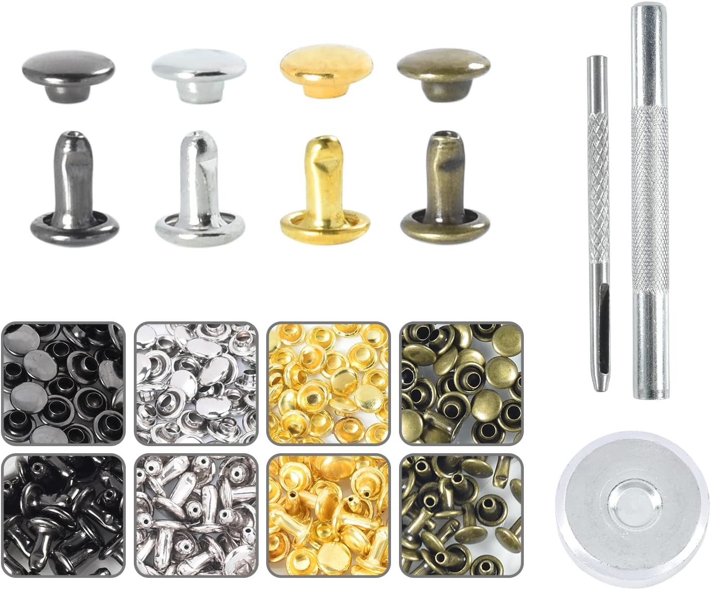 400Sets 6mm Double Cap Leather Rivets Kit, Leathercraft Rivet Tubular Metal Rive