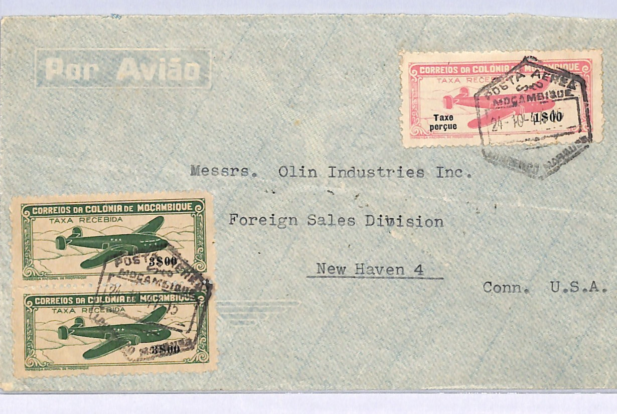 MOZAMBIQUE Cover *TAXE PERCUE*$1 TAXA RECEBIDA $3 Air Mail Stamps 1947 USA WB210
