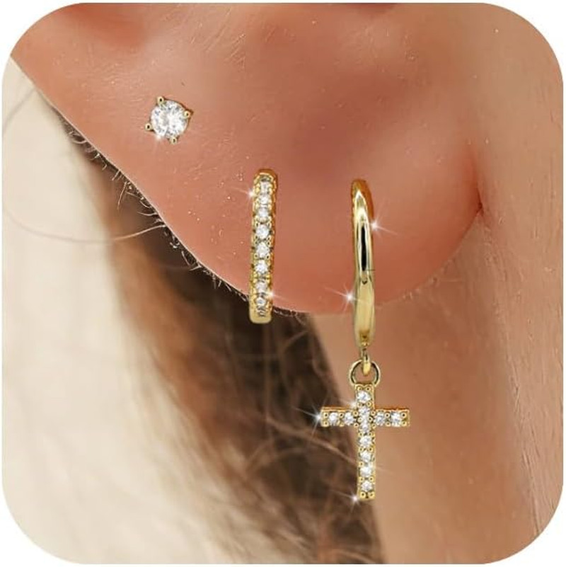 Gold Earring Set for Women Sterling Silver Earring Stacks Trendy CZ Huggie Cross