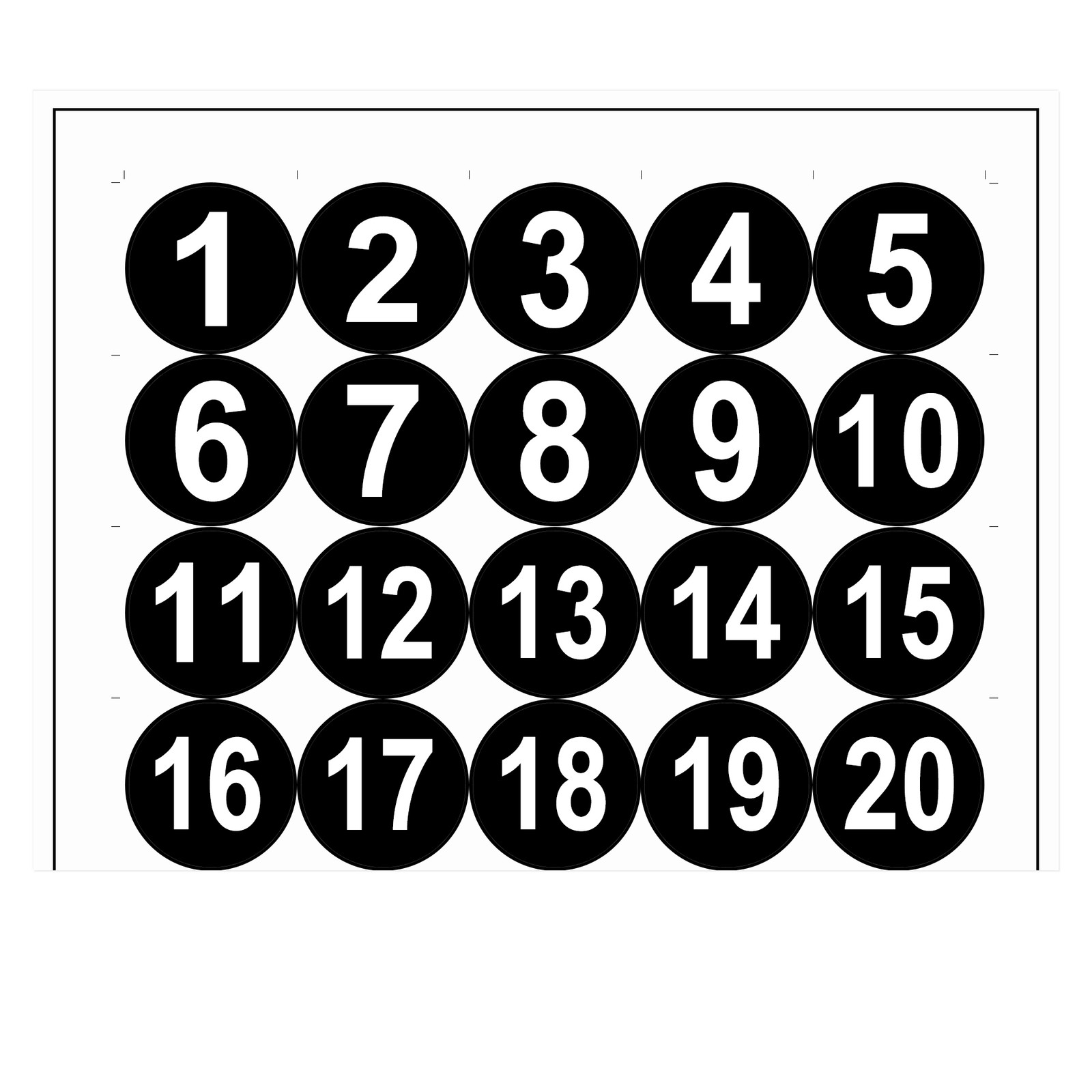Round Number Sticker 50mm Number 1-20 Self Adhesive PVC Label White/Black