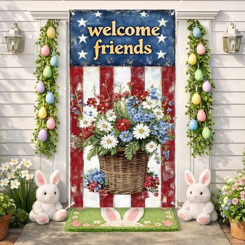 Welcome Friends Door Banner - 35.4"W x 70.9"H Welcome Sign & Floral Basket