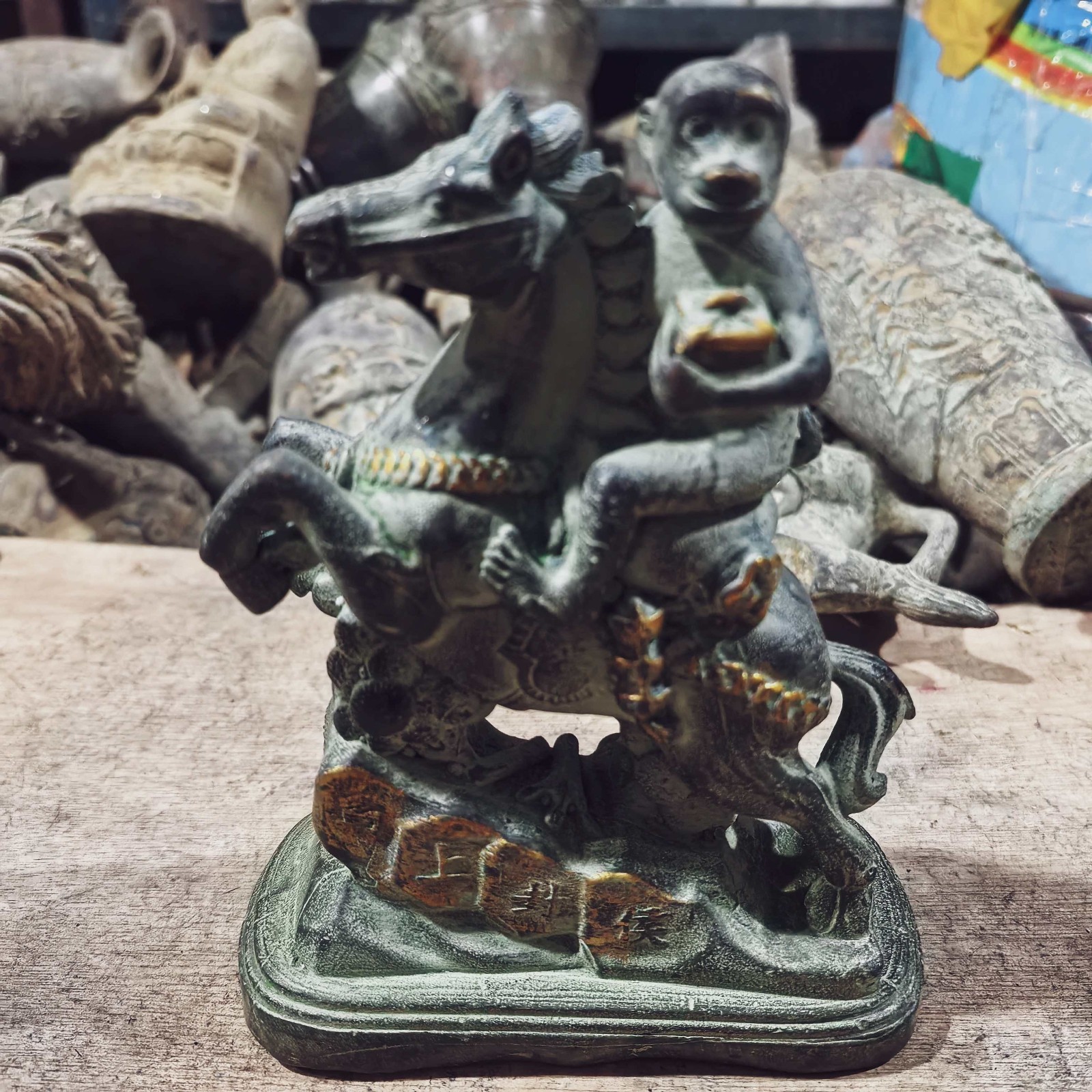 Old Bronze Relief carved Gilded Horse Monkey Lucky Statue,China folk collection