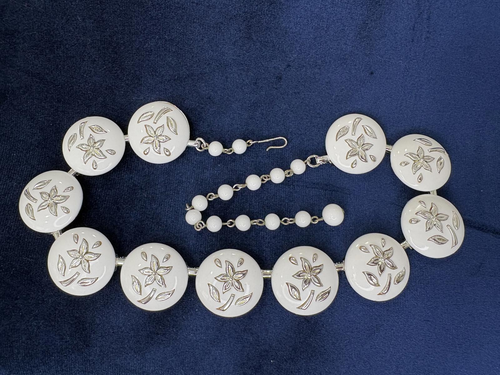 Vintage Signed Coro Silver Tone Glass Floral Medallion Necklace and Earrings