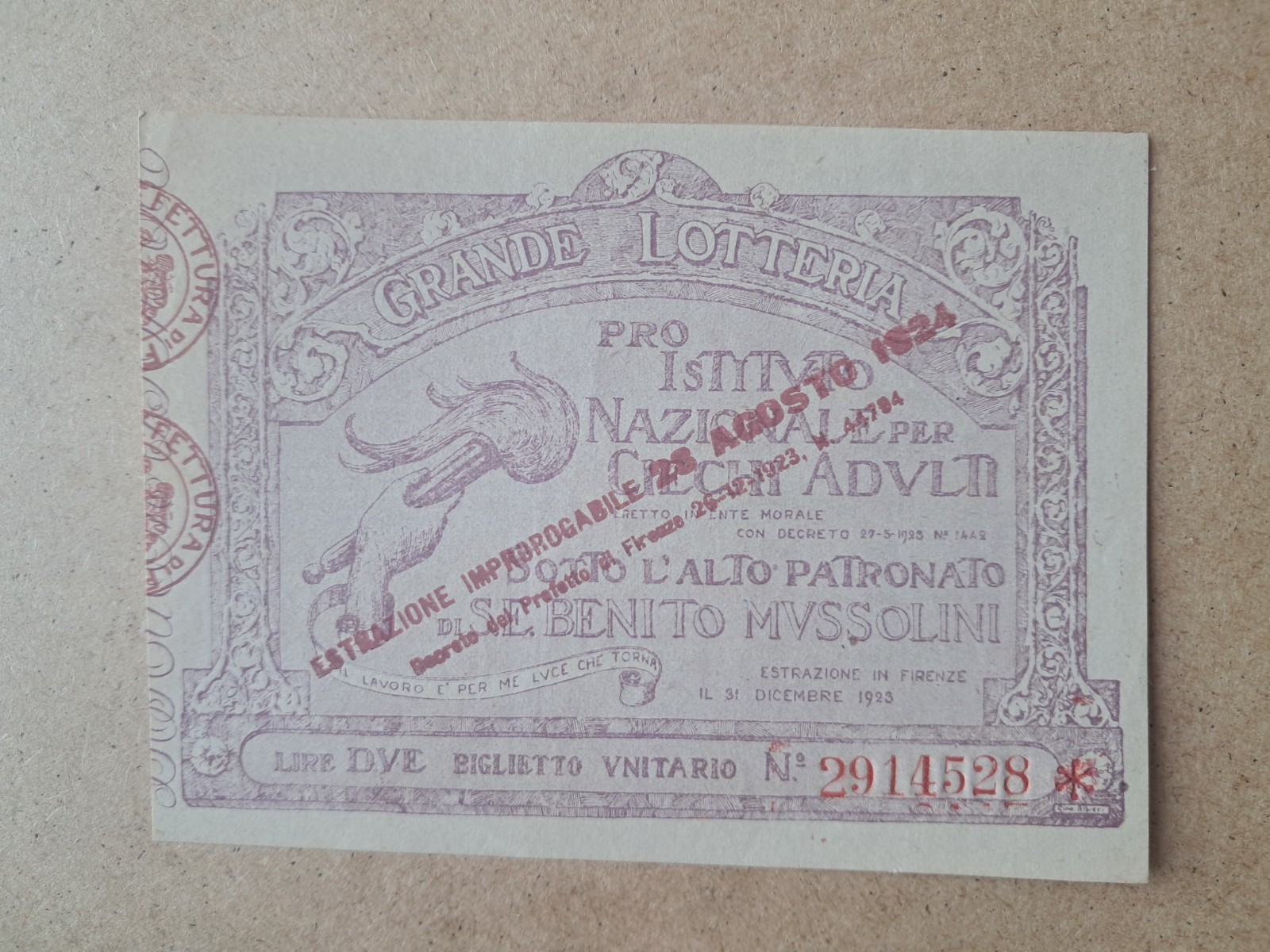 National Pro Blind Adult Lottery Ticket - 1924 Pink with *