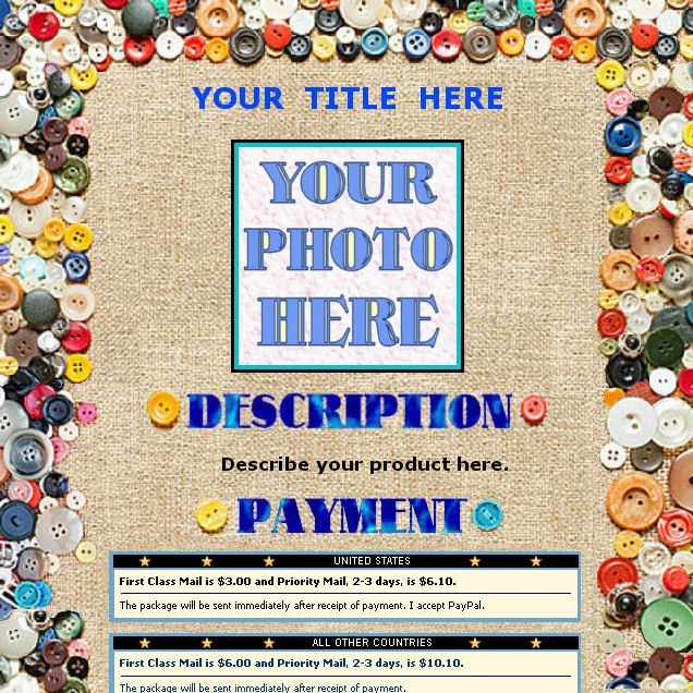 AUCTION TEMPLATE Buttons Design Border - FREE EMAIL SHIPPING