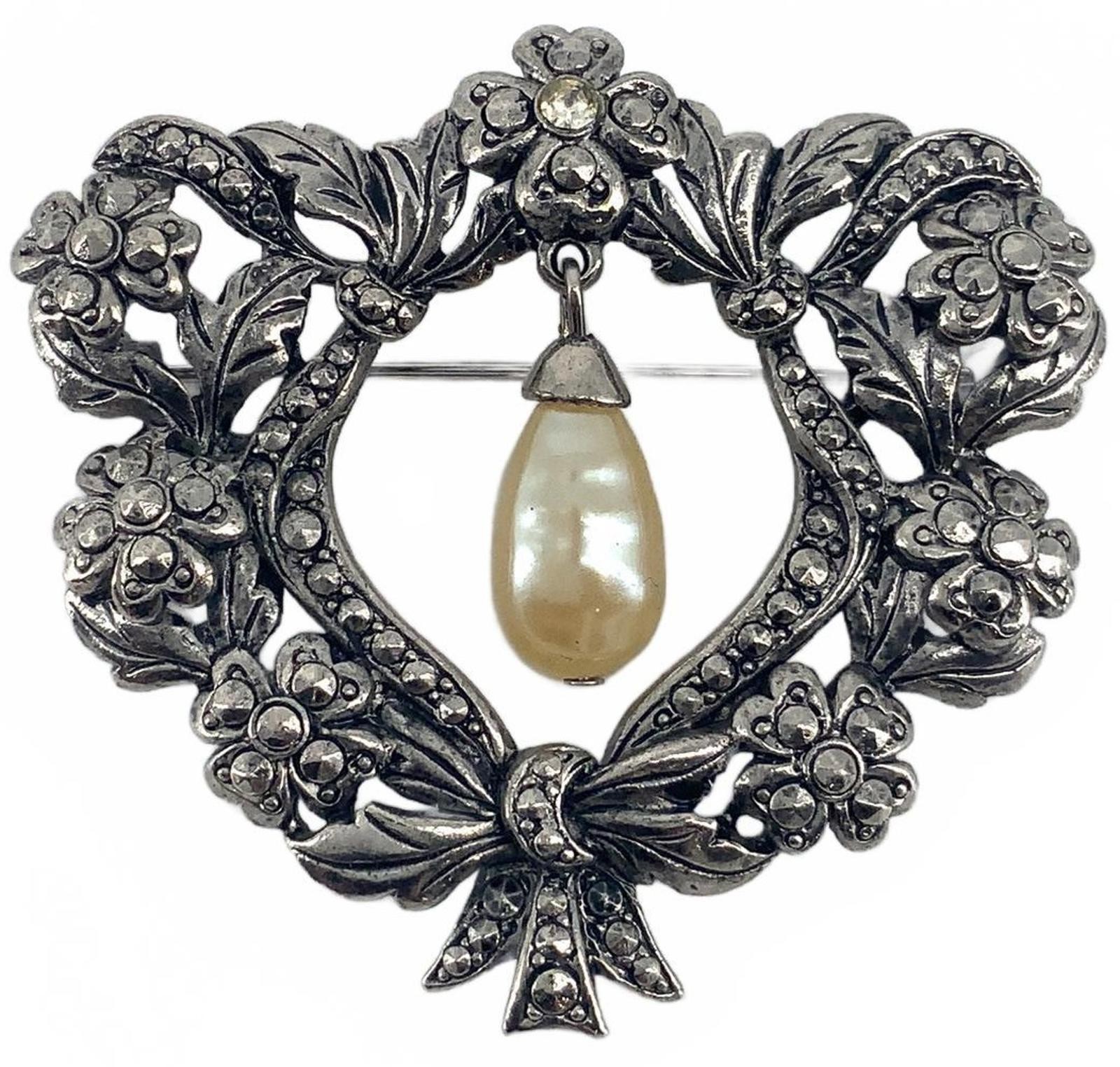 Vintage Silvertone Art Nouveau Style Floral Wreath Faux Pearl Dangle Brooch