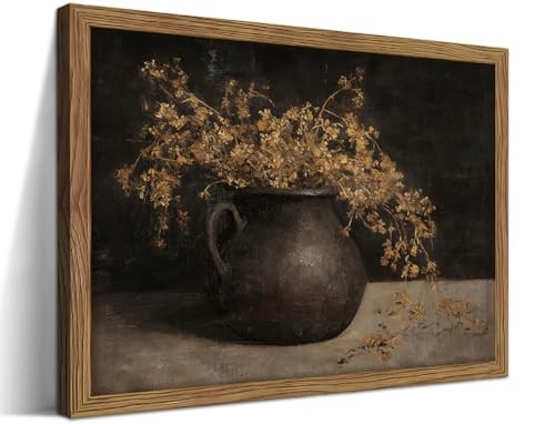 Vintage Dark Wall Art, Farmhouse Floral Autumn 10"L x 8"W Flower Vase Framed