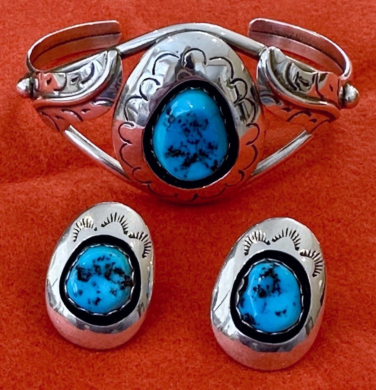 Vintage Navajo Teddy Goodluck Sterling Sleeping Beauty Turquoise Cuff & Earrings