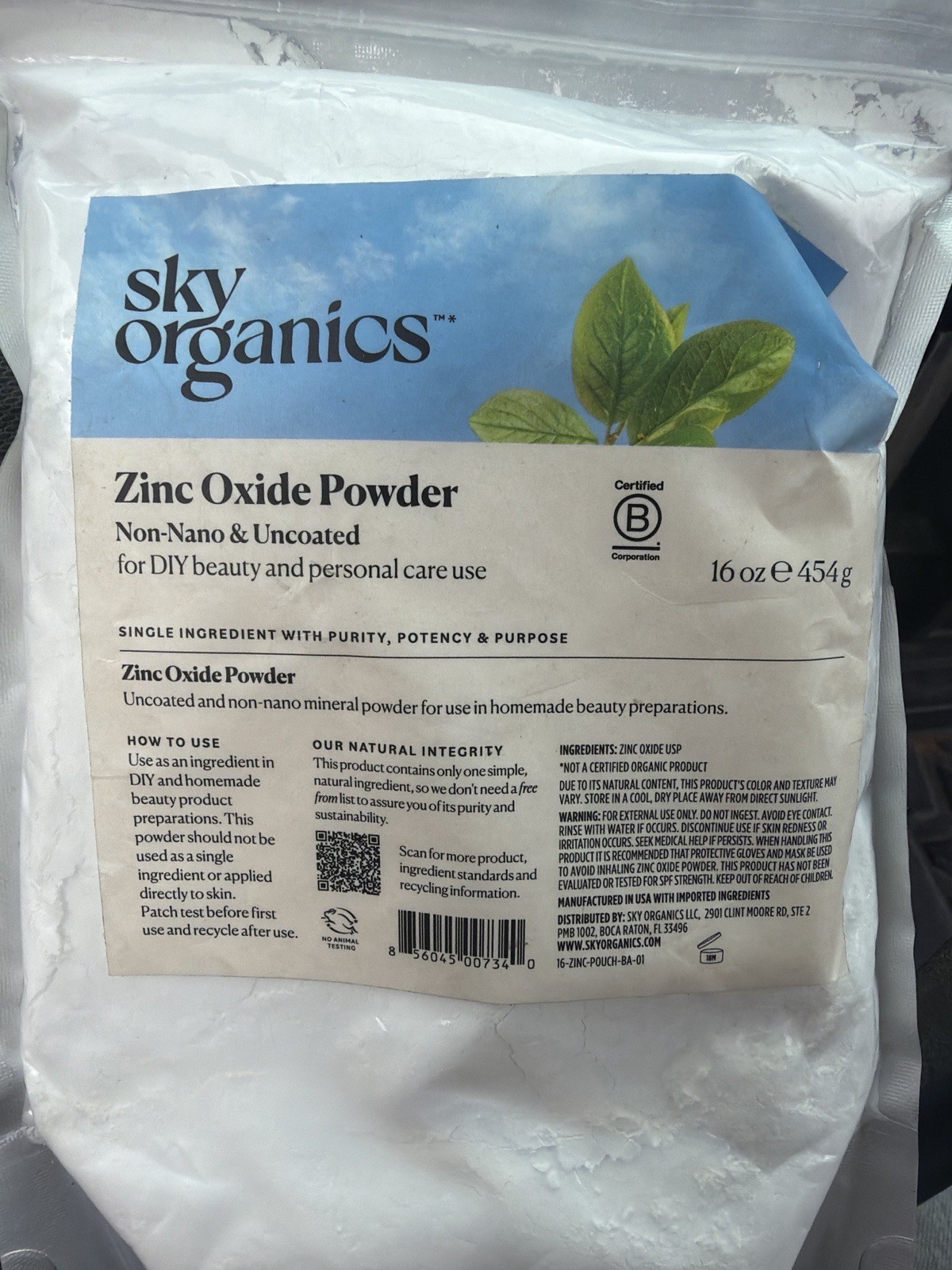 Sky Organics Zinc Oxide Powder Non-Nano Uncoated 16 oz (454g) DIY Beauty Care