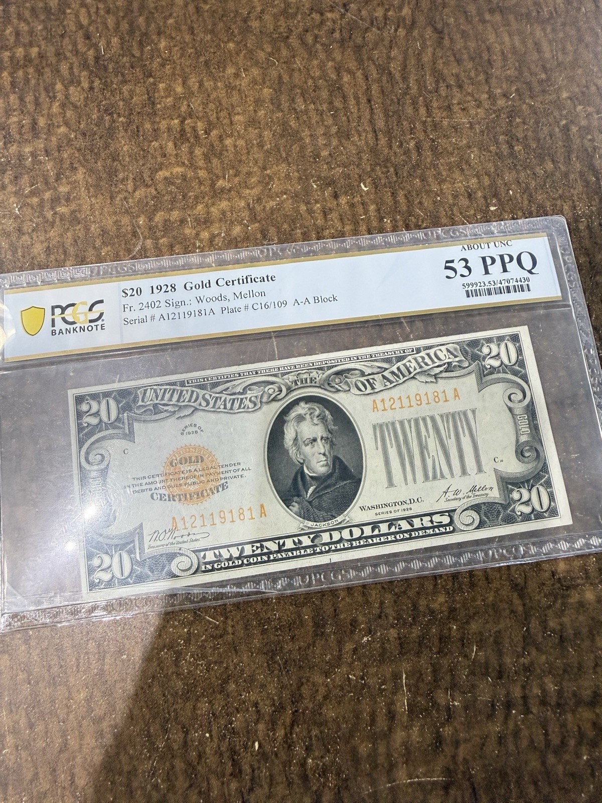 $20 1928 Gold Certificate Fr. 2402 Woods,Melon 53PPQ Andrew Jackson Note