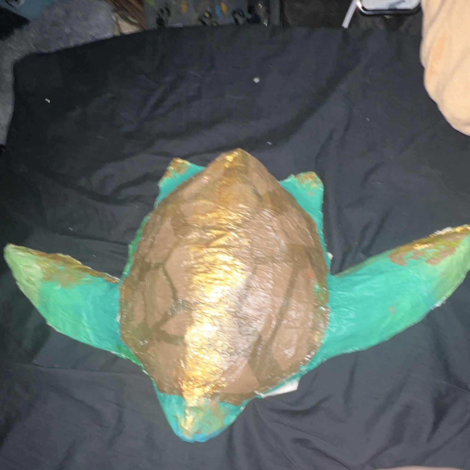 Handmade Papier Mache Turtle Figurine Green and Brown Sculpture