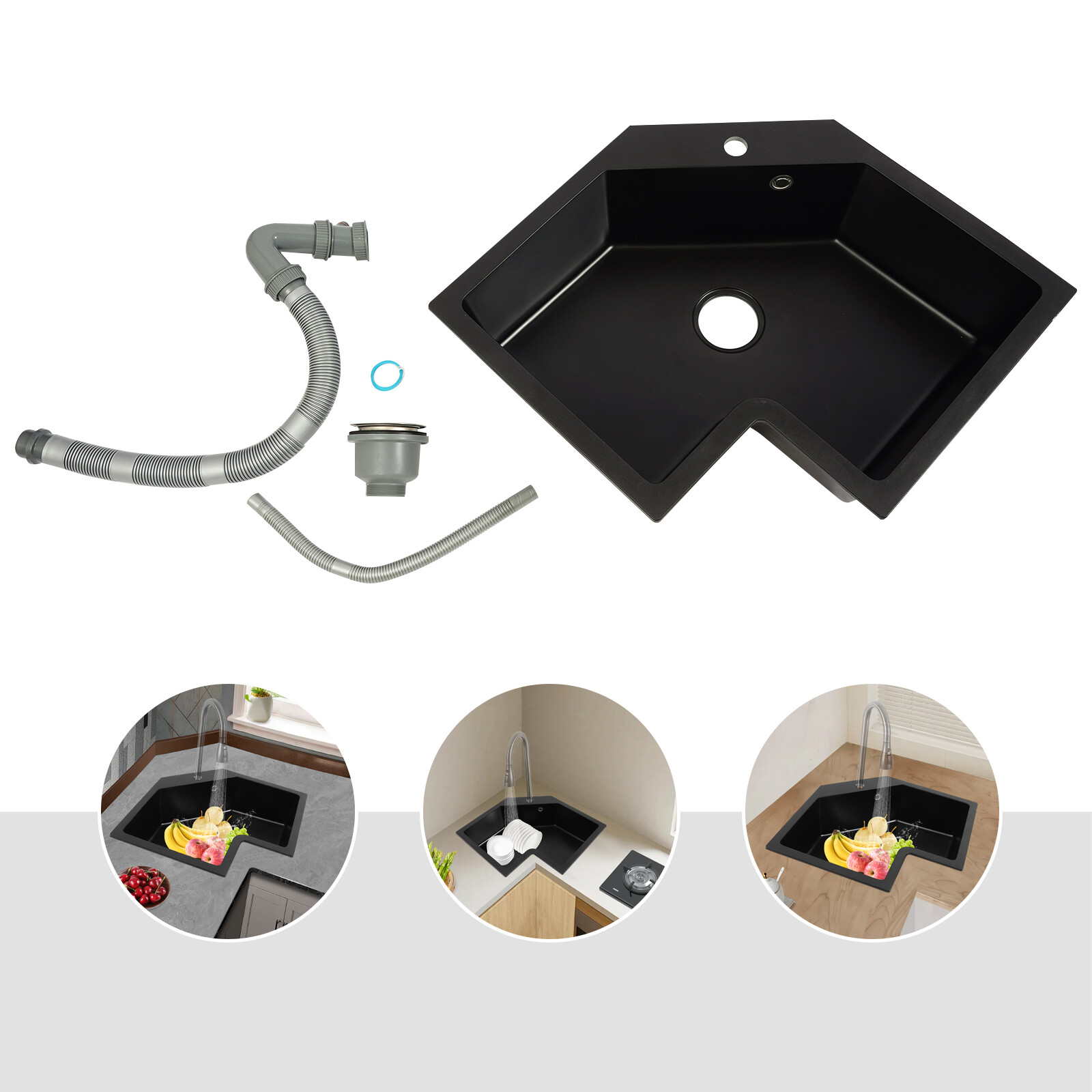 Modern Flushmount Corner Kitchen Sink, Undermount Irregular Corner Kitchen Sink