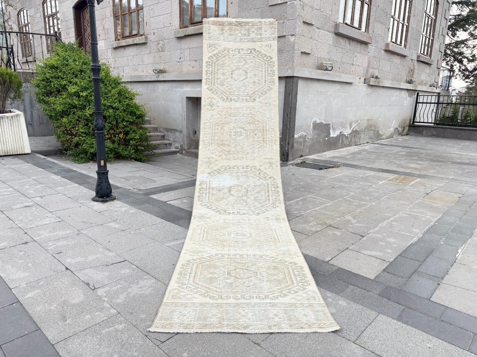 Vintage Turkish Oushak Runner Rug 2.7x12.4 ft Ivory Beige Hallway Wool