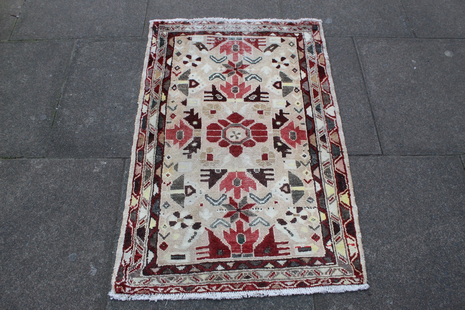 Vintage Worn Hand Made Traditional Oriental Wool Beige Grey Small Rug 112x75cm