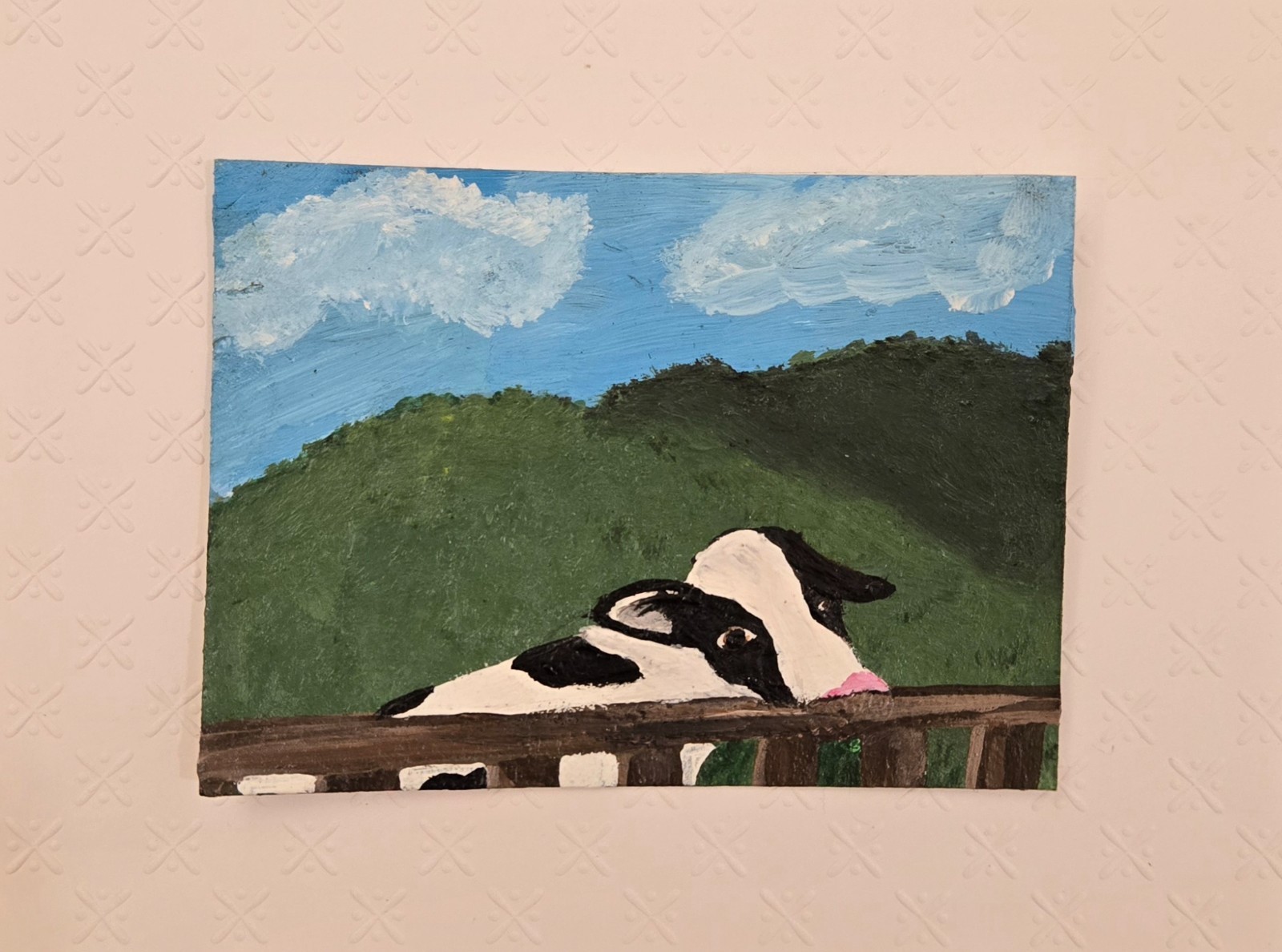 ACEO Art Card Original Acrylic, Pasture Cow, Small, 2.5x3.5