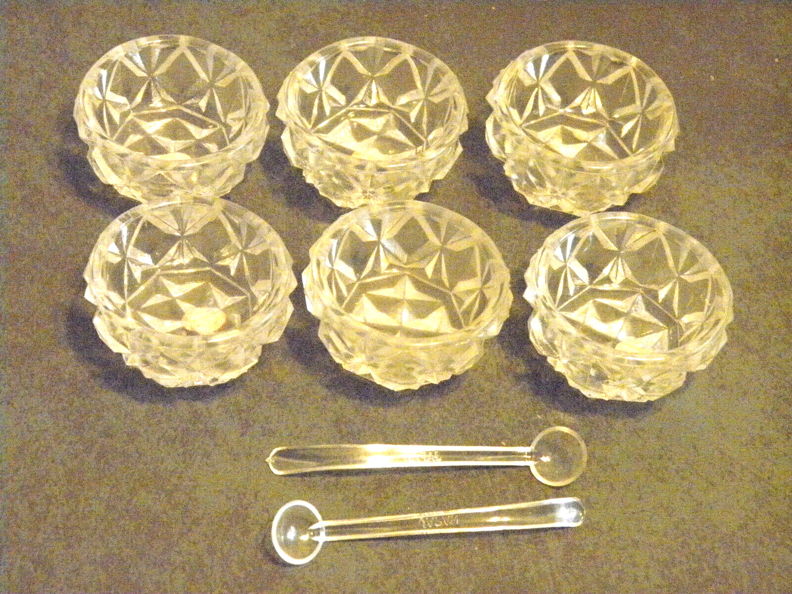 Vintage Set of 6 Cut Glass Salt Dips Cellars with 2 Spoons in Original Box JAPAN
