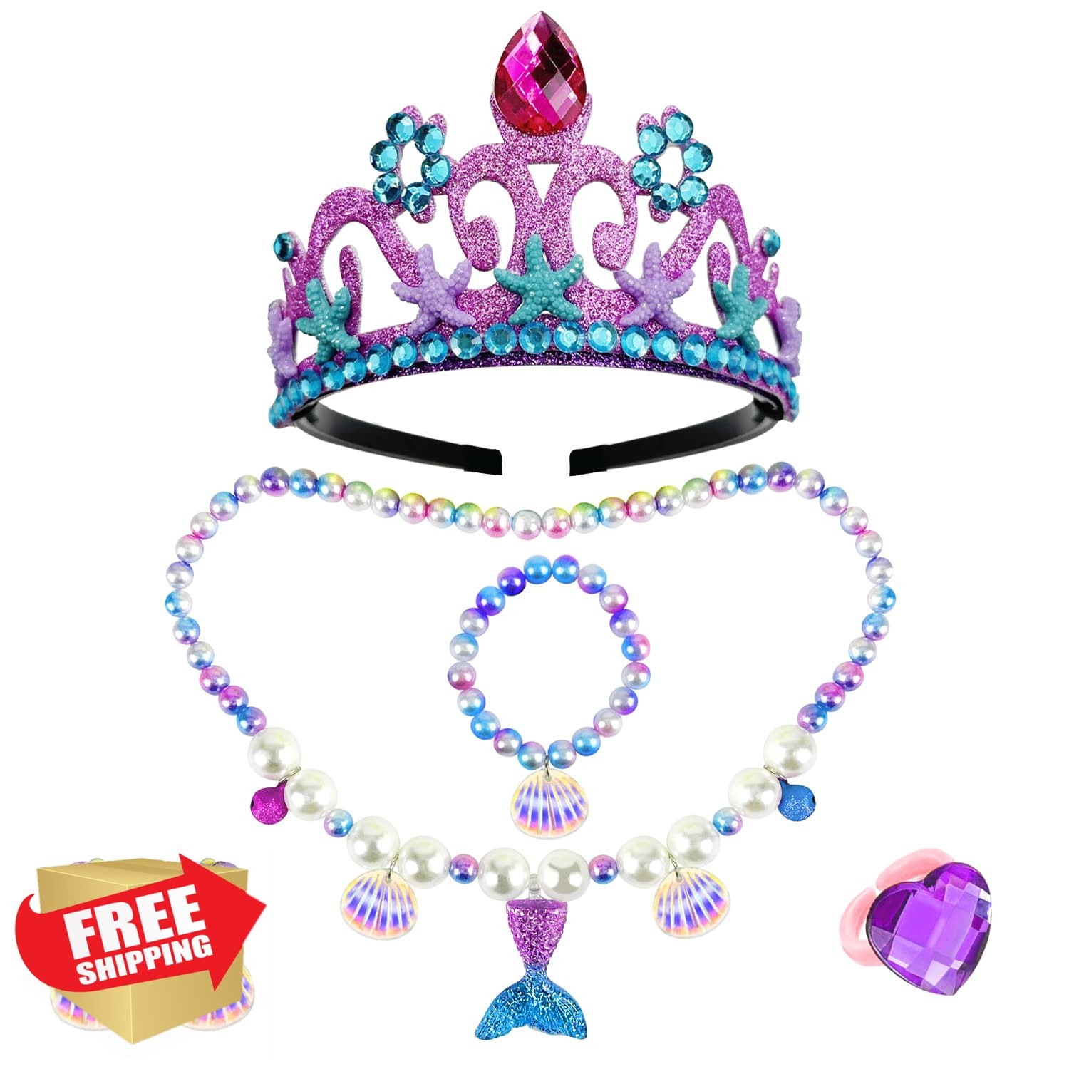 Keenjorika 6pc Girls Princess Jewelry Set Mermaid Crown