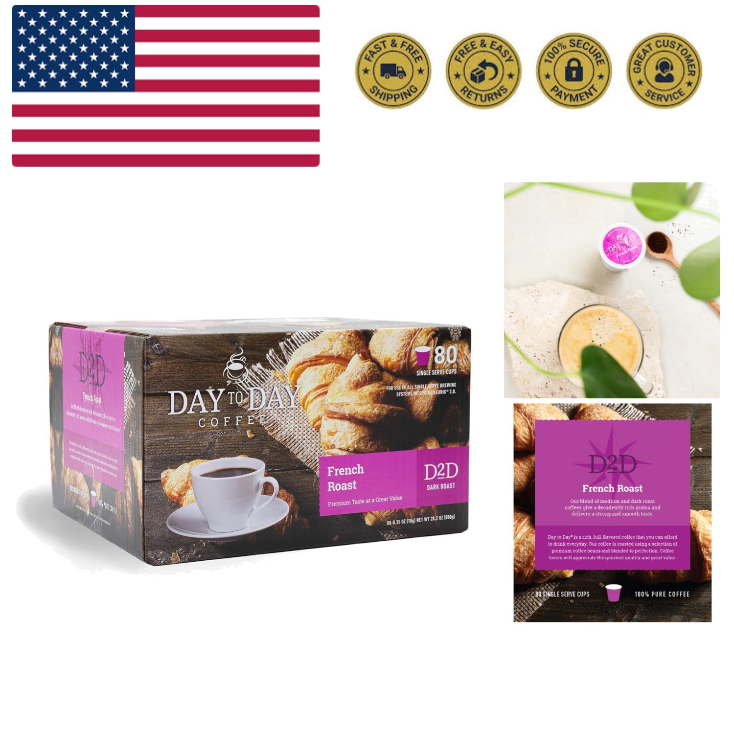 Day To Day French Roast Dark Roast Single Serve Coffee Pods, 80-Count for K-C...