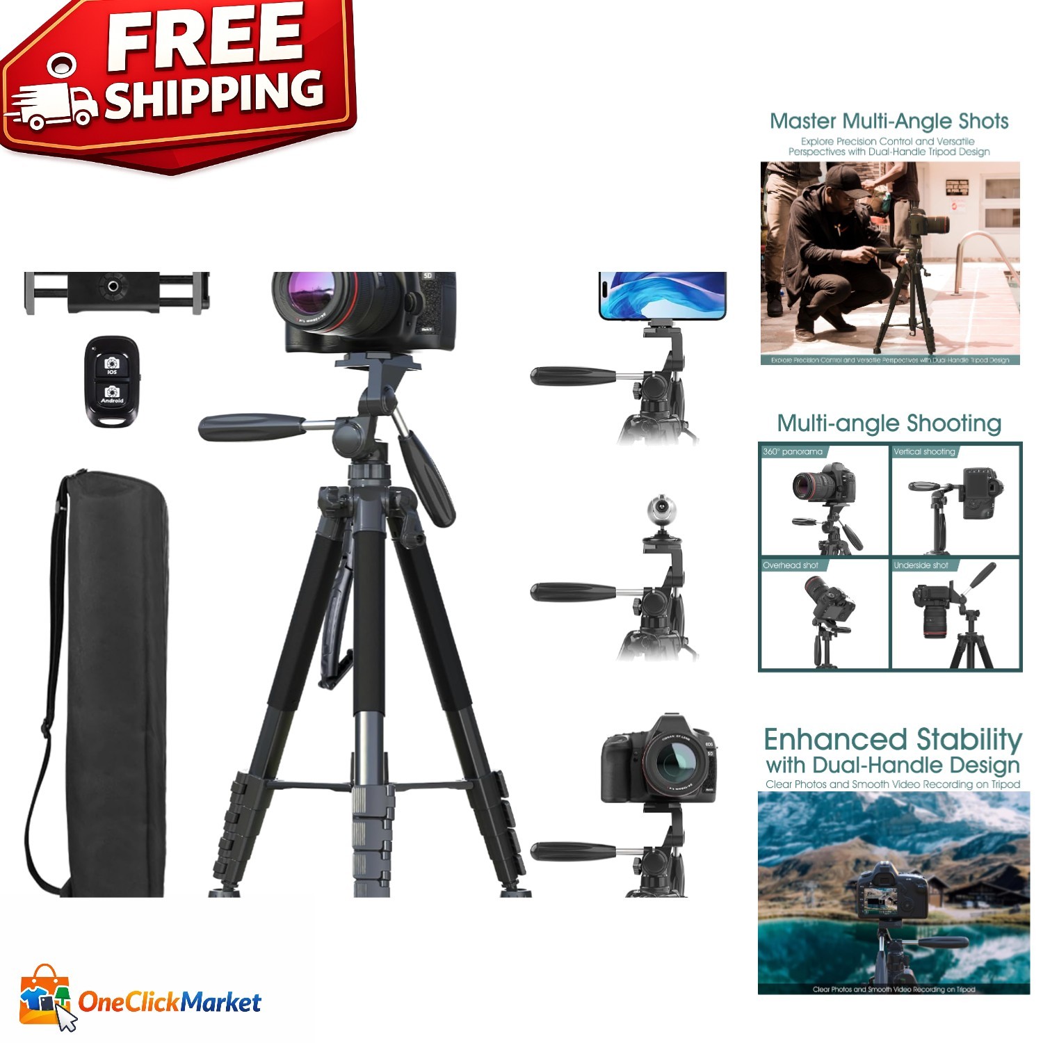Versatile 74'' Tripod with Adjustable Phone Holder & Wireless Remote Control