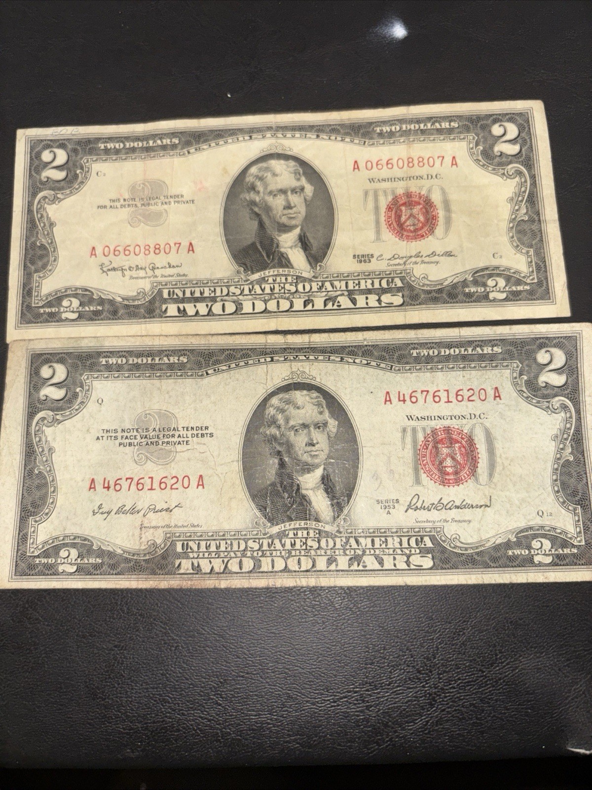 Two Dollar Bills, Red, Serial Number And Red Sale