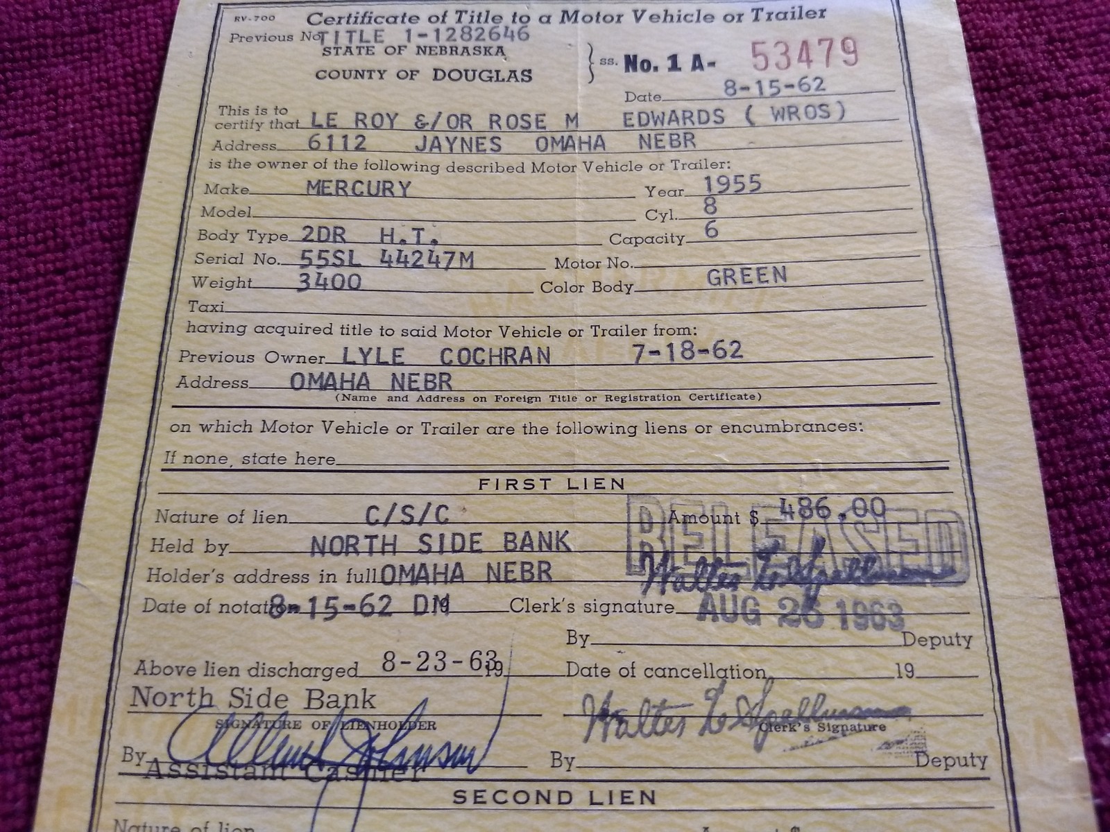 Vintage Historical Nebraska Title Document 1955 Mercury 2dr HT